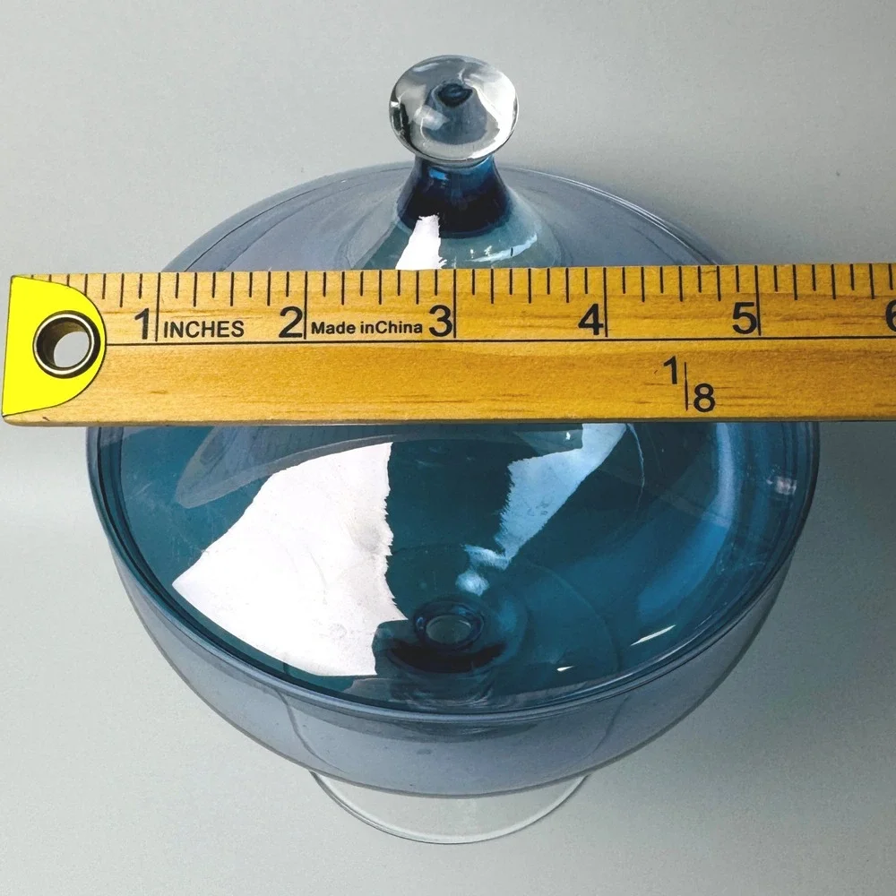 Vintage Empoli Style Blue Blown Glass Covered Compote Pedestal Candy Dish MCM
